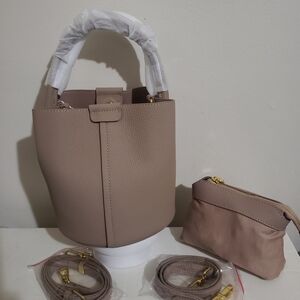 Neutral Taupe Pebbled Bucket Tote with Matching Pouch